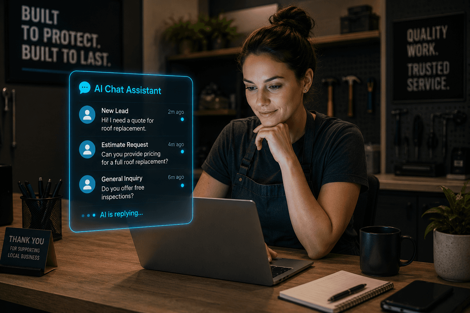 A split scene comparing an AI chat assistant on a screen to a part-time receptionist at a desk.