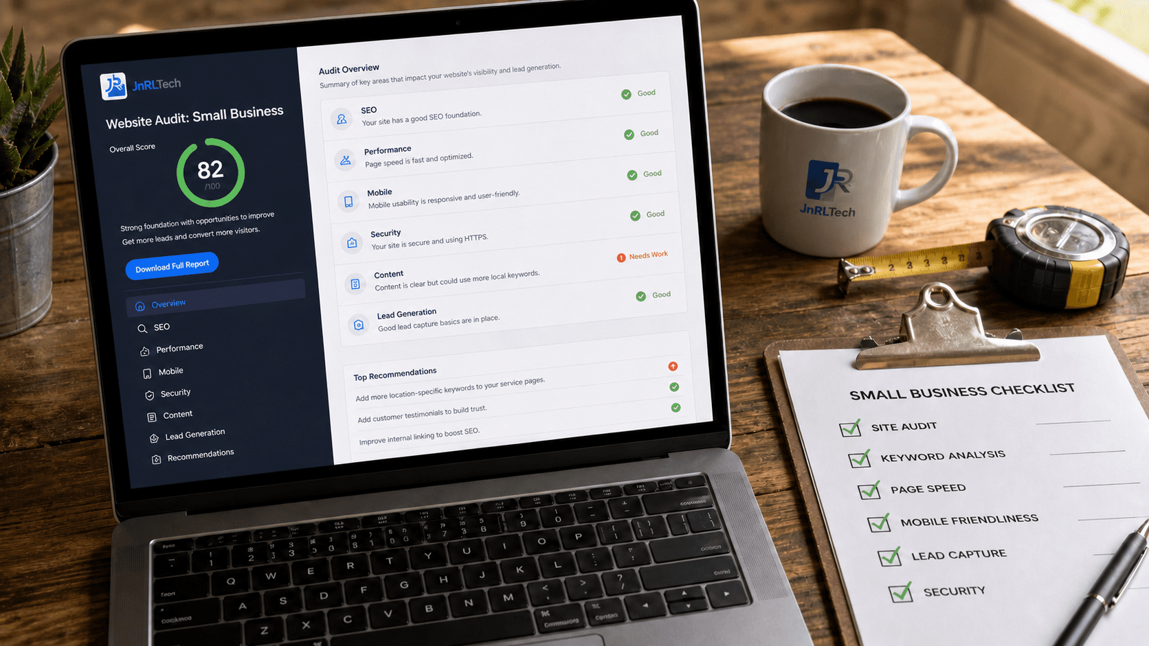 A small business owner reviewing a free website audit checklist on a laptop.
