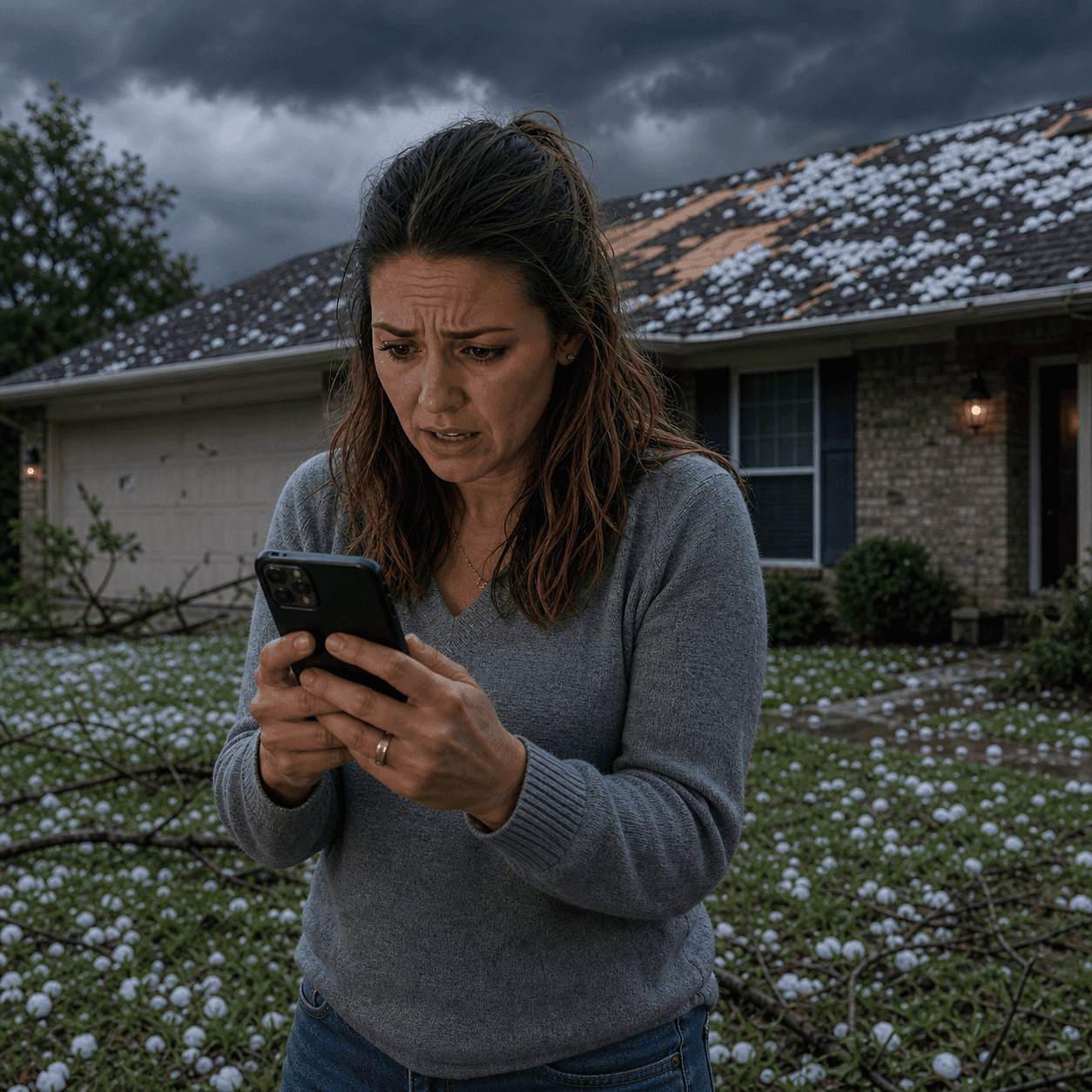 Homeowner outside a storm-damaged house searching for roofers on her phone.