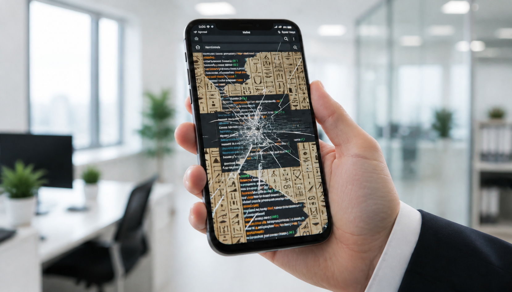 A smartphone showing a broken distorted website
