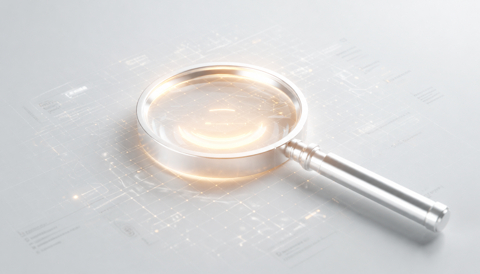 A glowing magnifying glass over a dark search grid